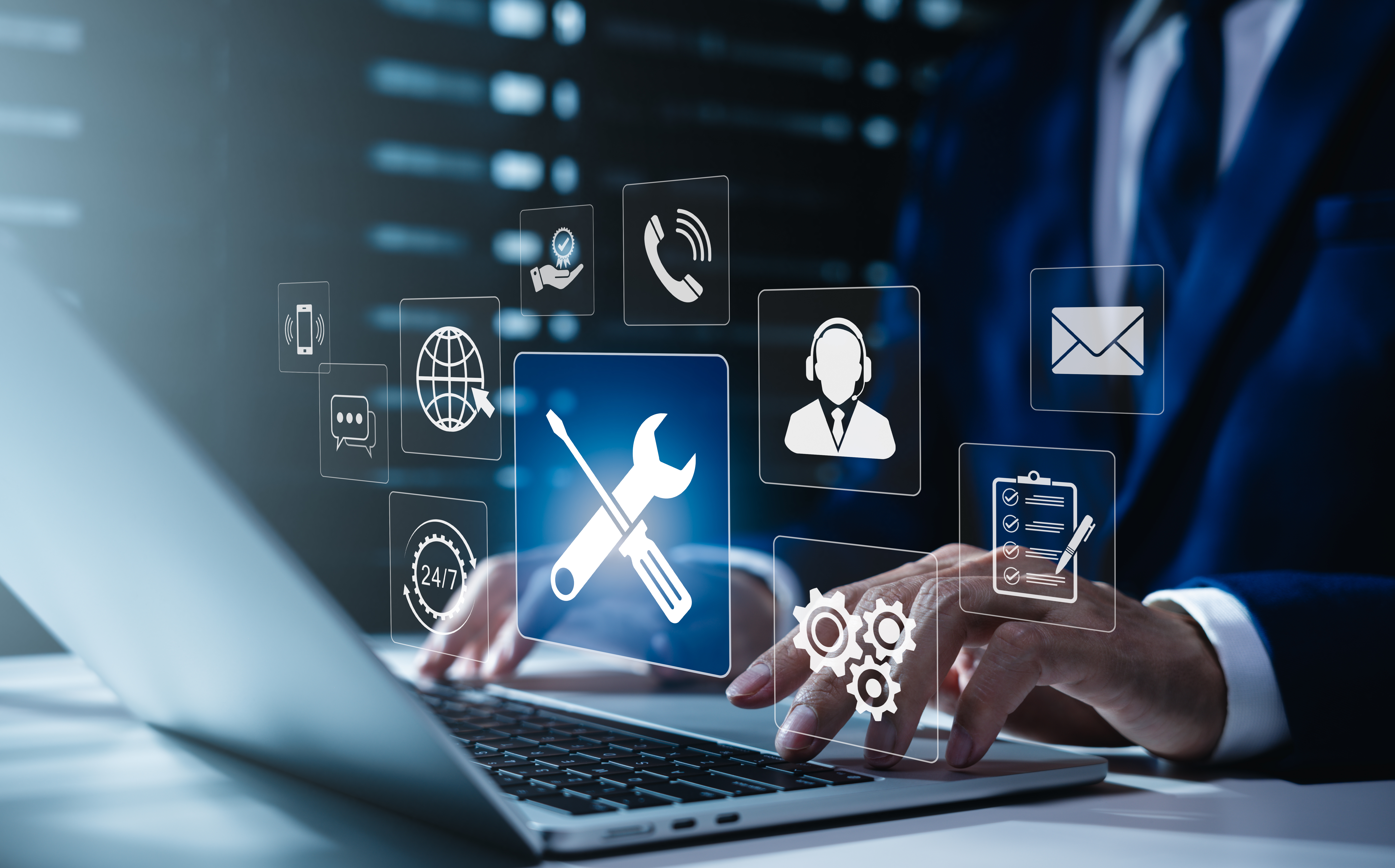 Technical support and customer service concept. Digital icon representing technical support, customer service, and 24/7 assistance. Business technology solutions for global support, service management